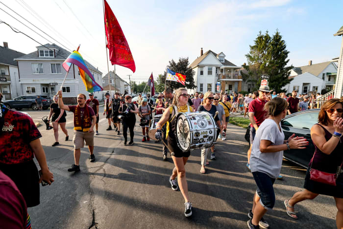 On match days, DCFC’s Northern Guard marches half a mile through Hamtramck to Keyworth Stadium.